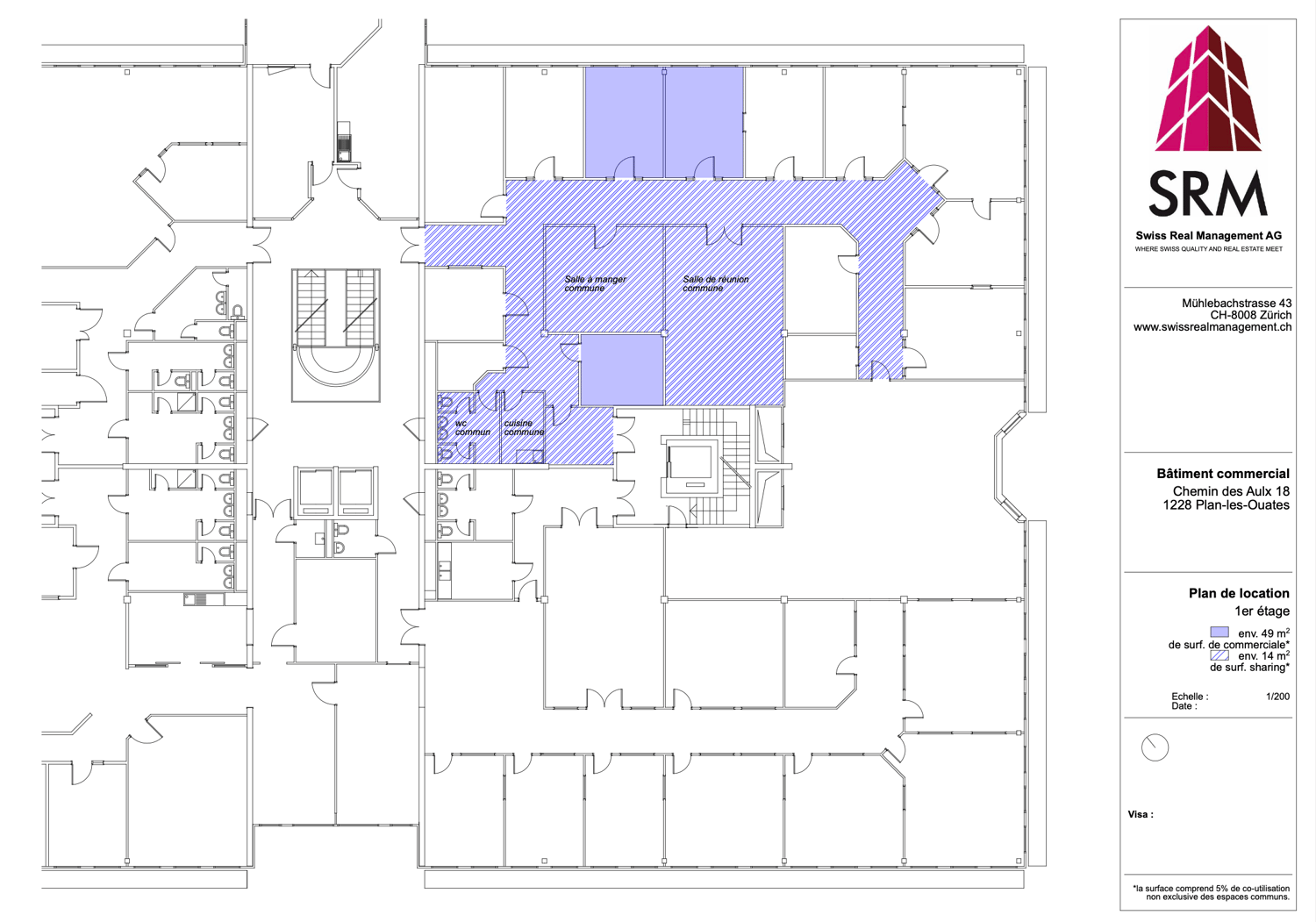 Commercial building floor plan with common areas, meeting rooms, and shared facilities.