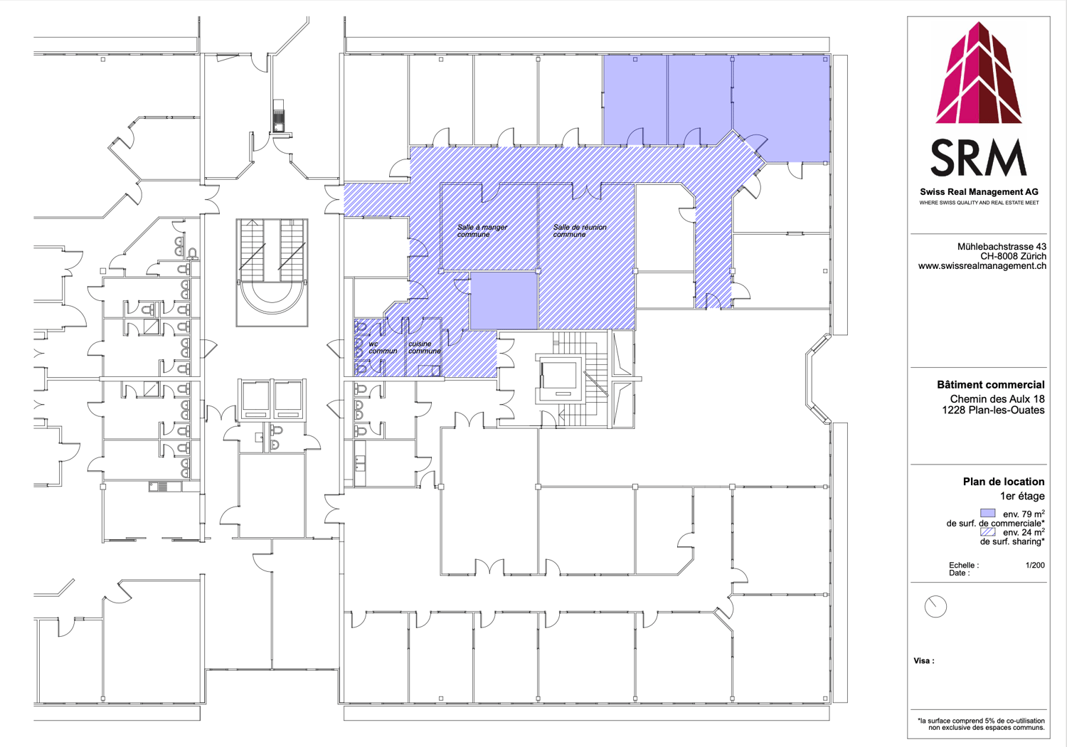 Floor plan of a commercial building with dining room, meeting room, common kitchen, and common WC.