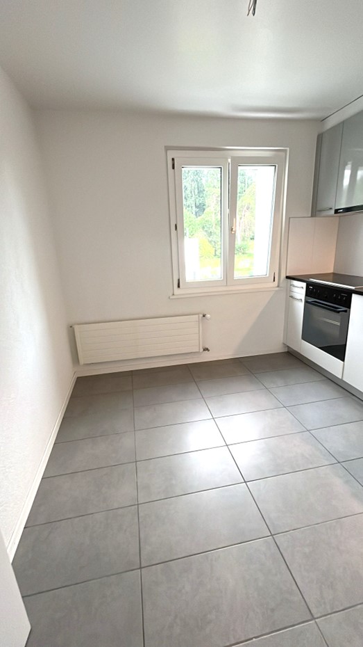 empty room, white walls, white ceiling, gray tiles, large window with view