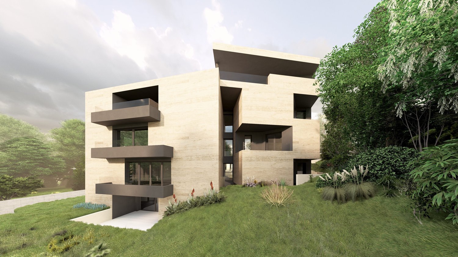 Modern architectural design, large stone building, multiple balconies, multiple windows, elevated by ground, green lawn, trees, shrubs