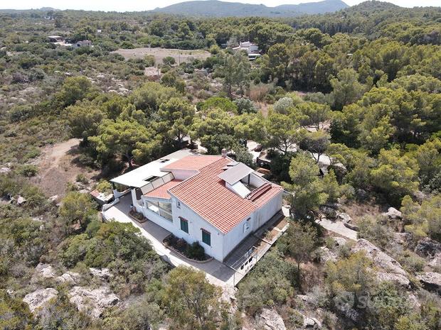 Single-story house with tiled roof, surrounded by trees and rocks, solar panels on the roof, garden with plants, rocky terrain