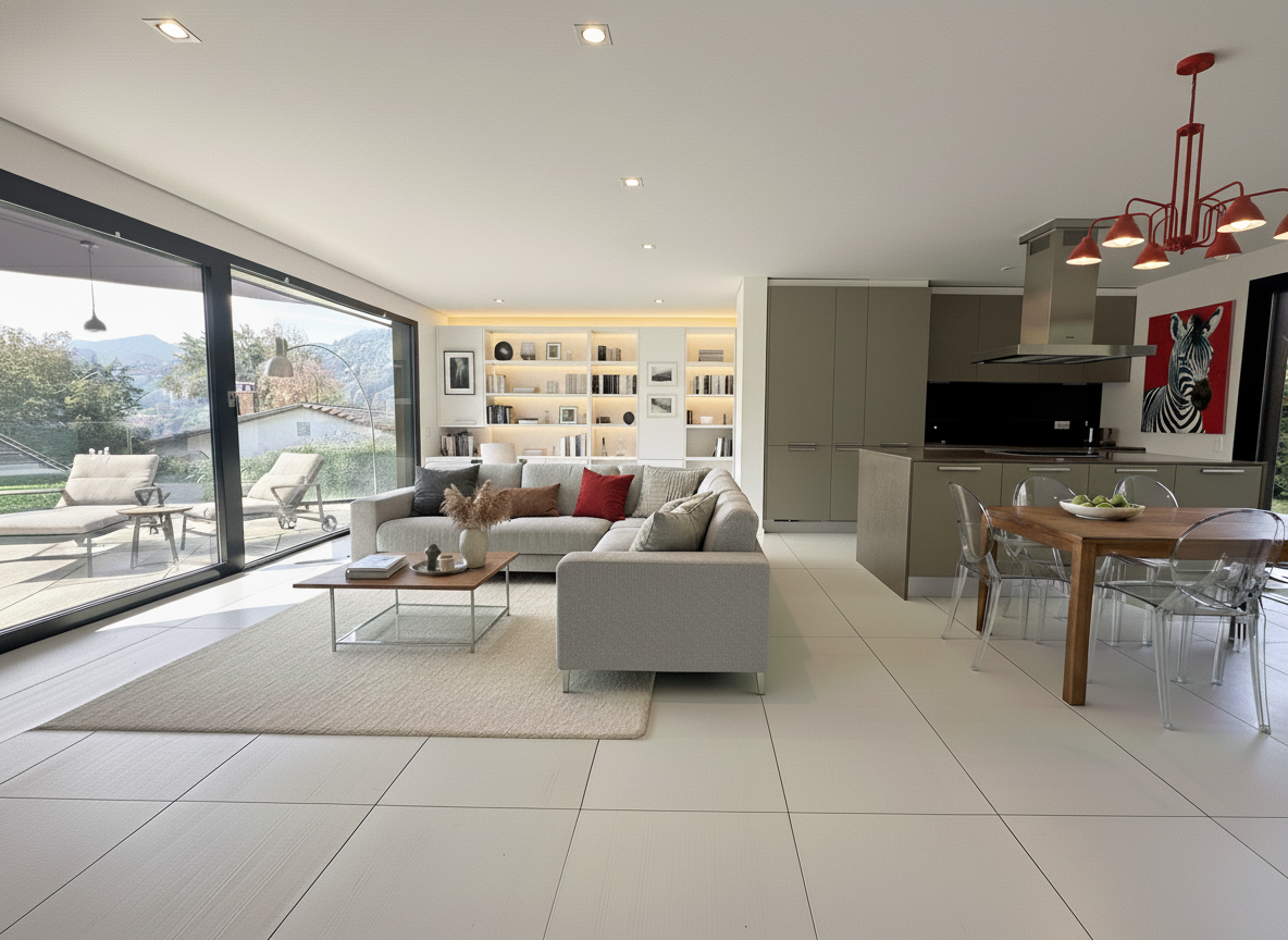 open living area with sofa, coffee table, wooden dining table, large windows with terrace, kitchen, shelving unit, chandelier, zebra painting