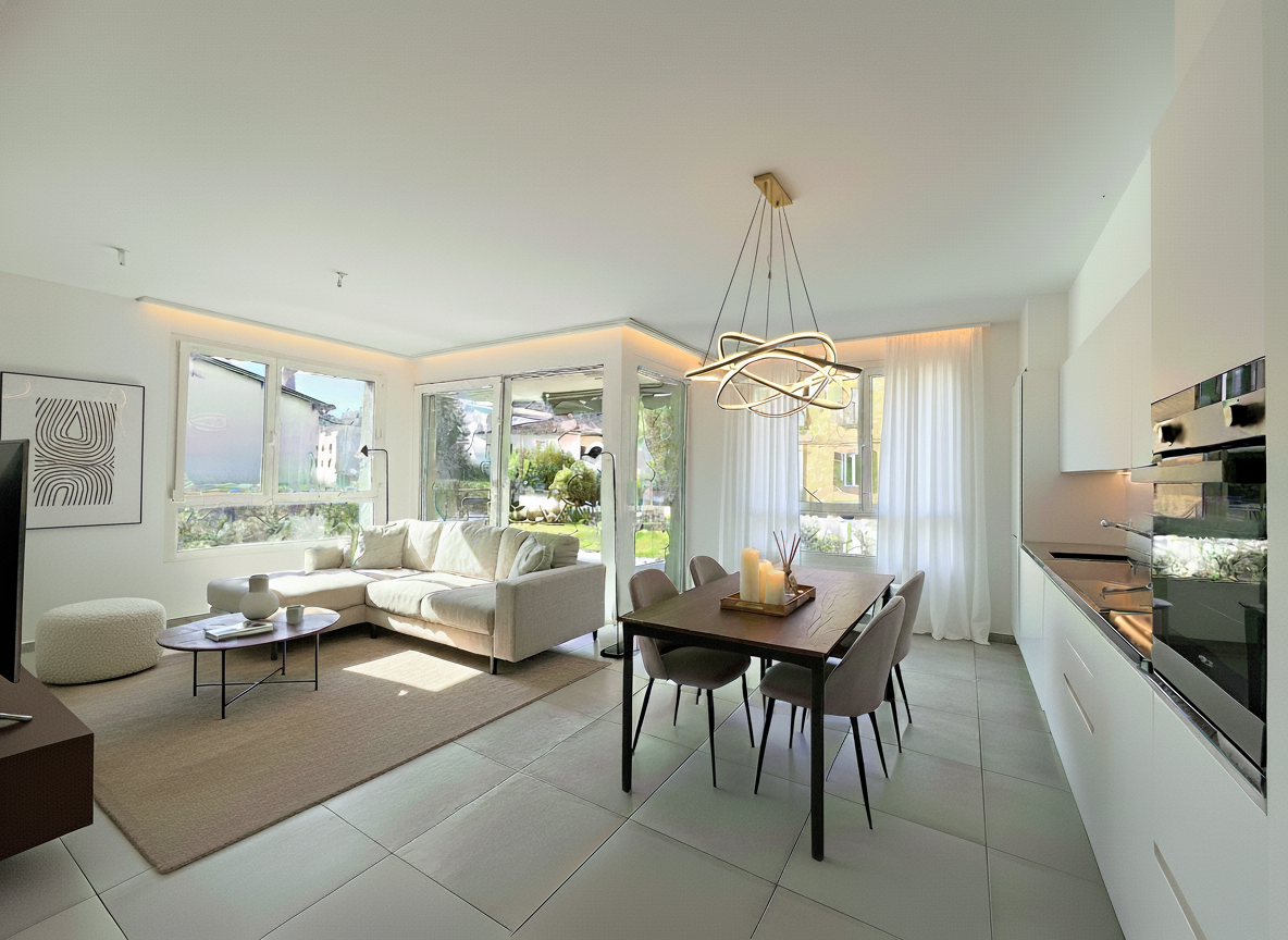 Modern design living room with dining area, white couch, large windows, wooden dining table, modern pendant light, rug, table lamp