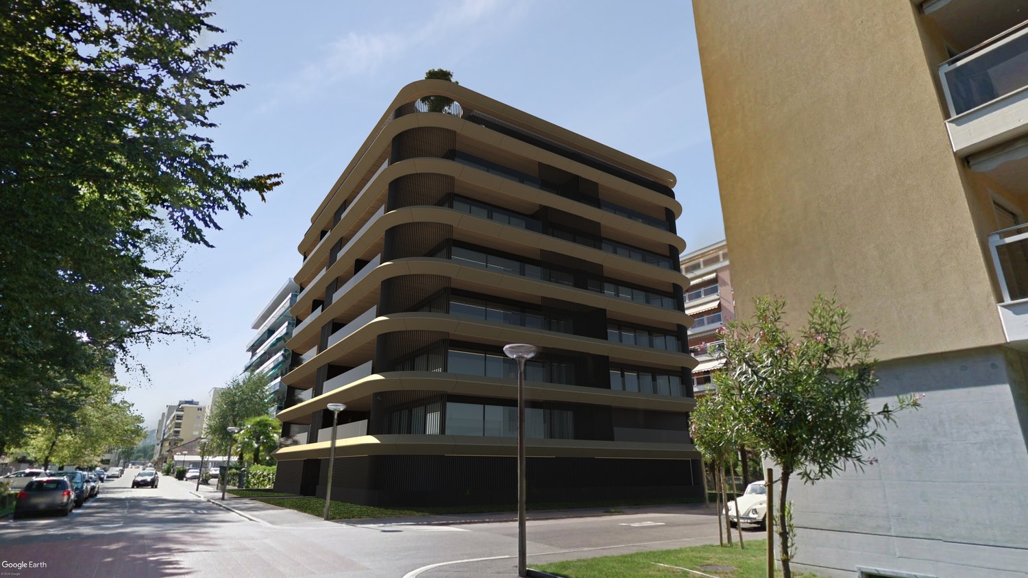 Modern design apartment building, balconies, glass windows, curved facade, street lighting, parking area, and greenery