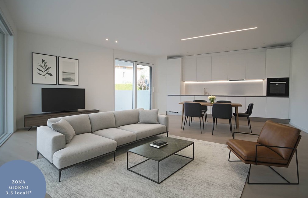 modern living room, L-shaped sofa, coffee table, leather armchair, television, dining table, white cabinetry, flower on table, carpet
