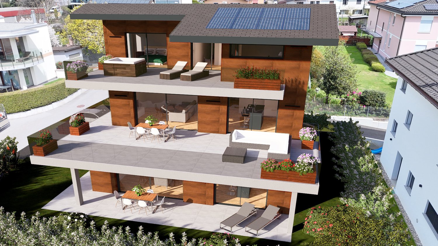 three story house, wooden exterior, solar panels, multiple balconies, outdoor seating area, pool