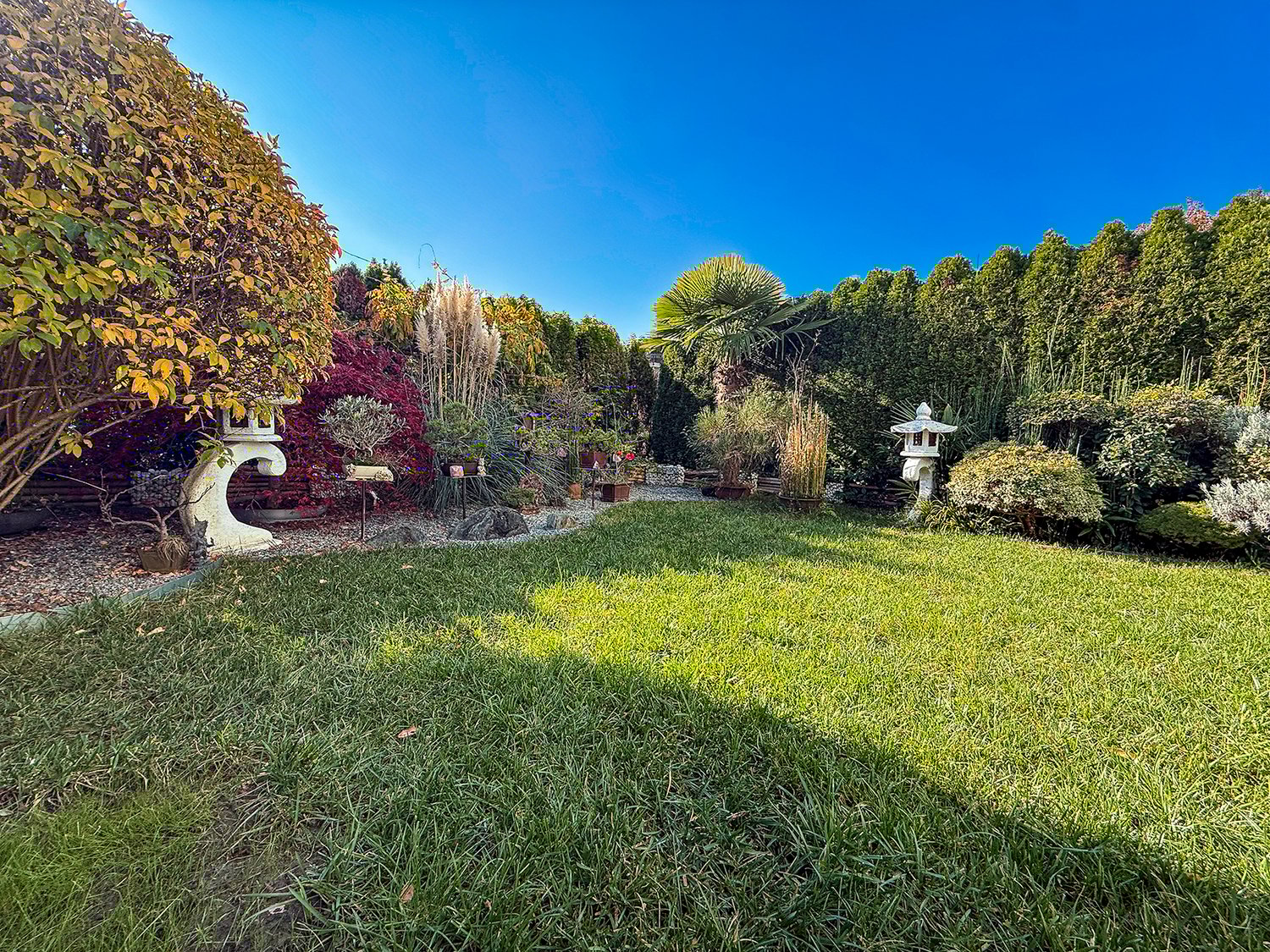 large green lawn, various potted plants, trees, shrubs, gravel paths, and garden ornaments