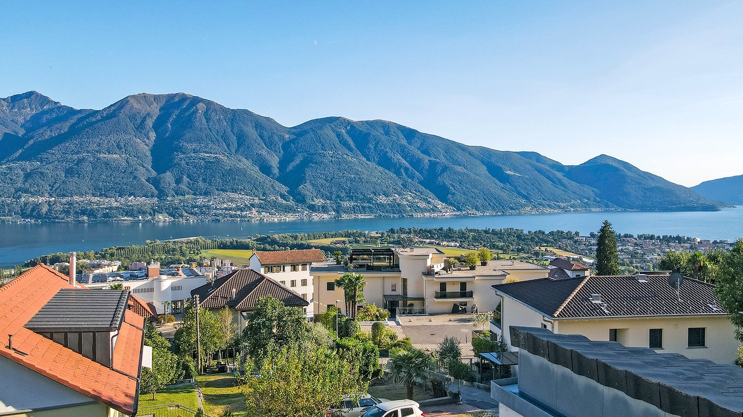 mountains, sea, houses, buildings, lake