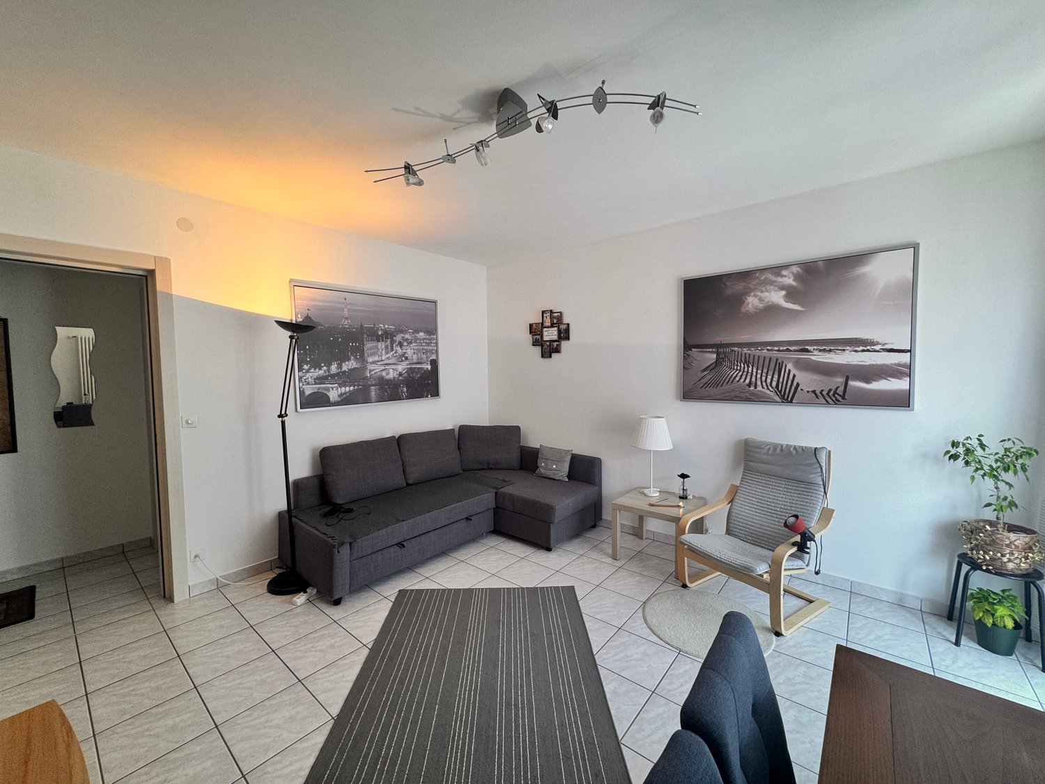 Open layout with sofa, side table, lamp, chair, potted plants, wall decor, lighting, and beige rug