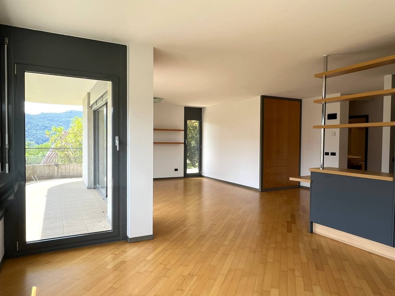 Spacious living room with hardwood floors, white walls, large windows, and a balcony overlooking the scenic mountain view. The room features built-in shelving and storage units.