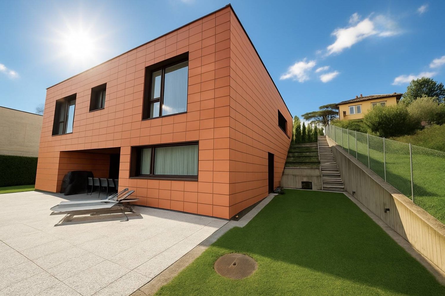 modern design, orange tiled exterior, large windows, outdoor seating area, green lawn, adjacent staircase, fenced area