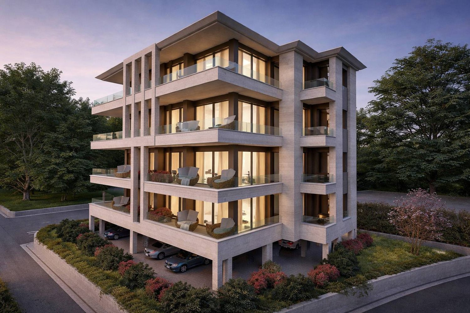 Modern multi-story building with multiple balconies, large windows, and a parking area.