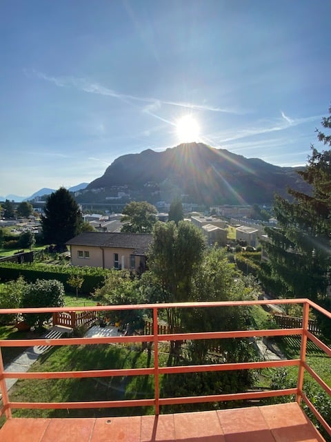 terrace with railings, garden with various plants, house with gable roof, and mountain in the background