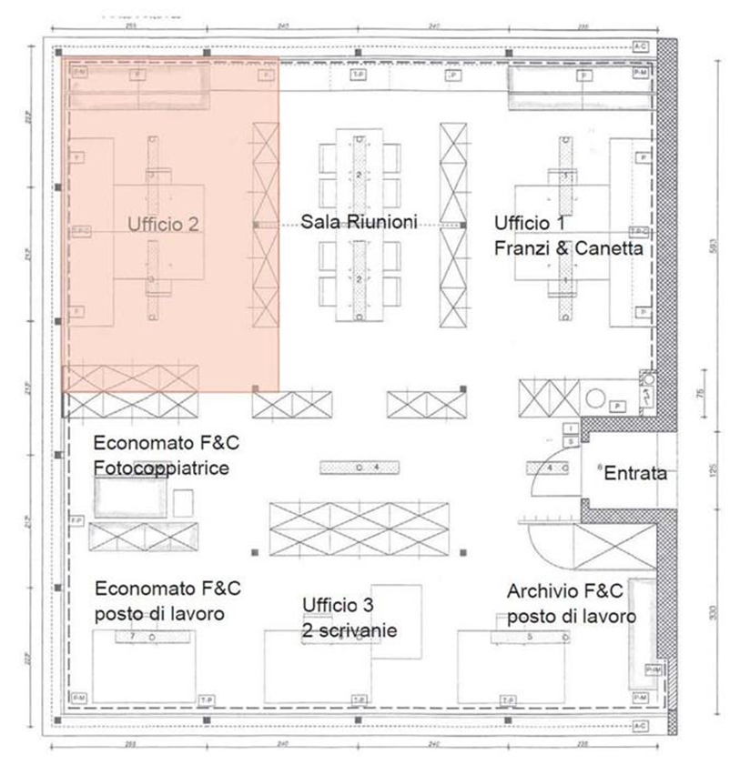 Office layout with three offices, a meeting room, two workstations, photocopier, and archives.