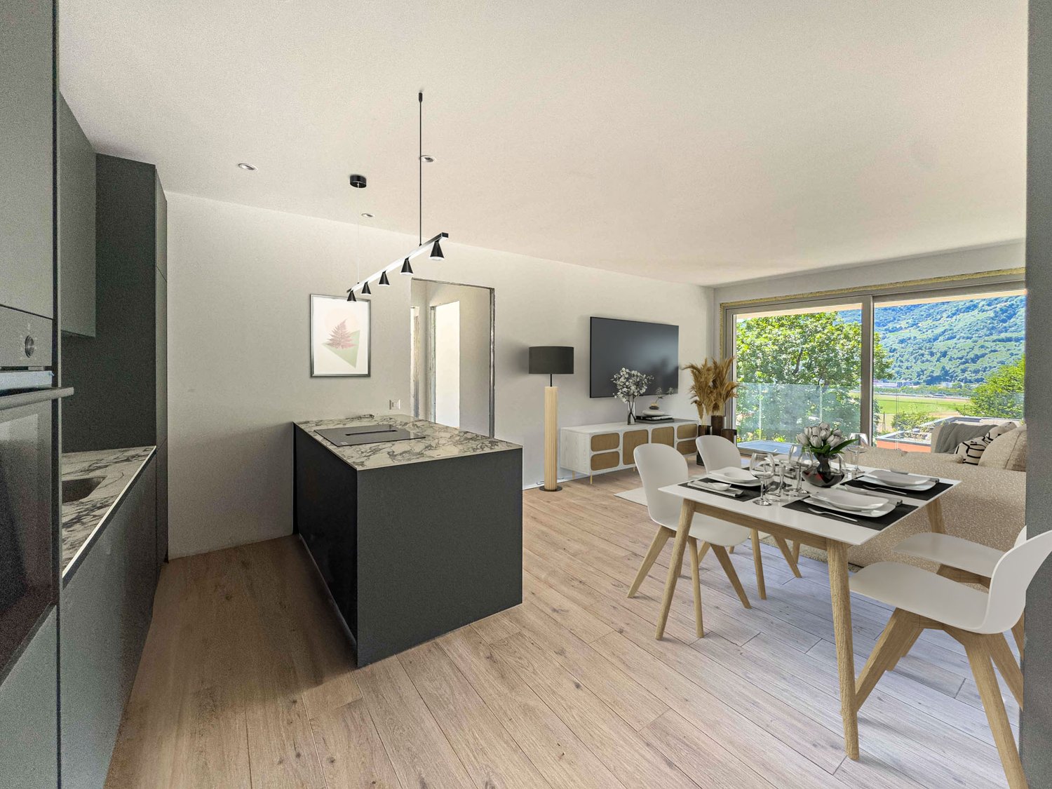 modern kitchen, dining table, couch, television, balcony with mountain view