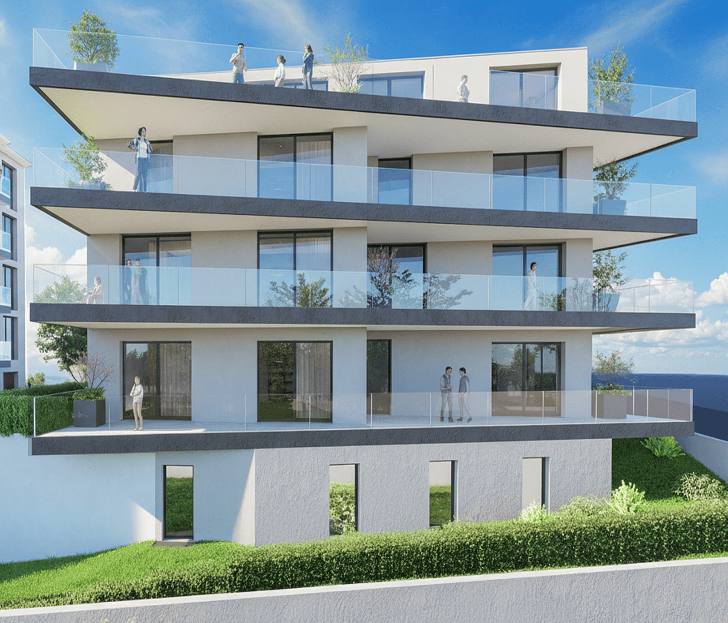 A multi-story residential building with balconies, raised ground floor, green landscaping, sea view