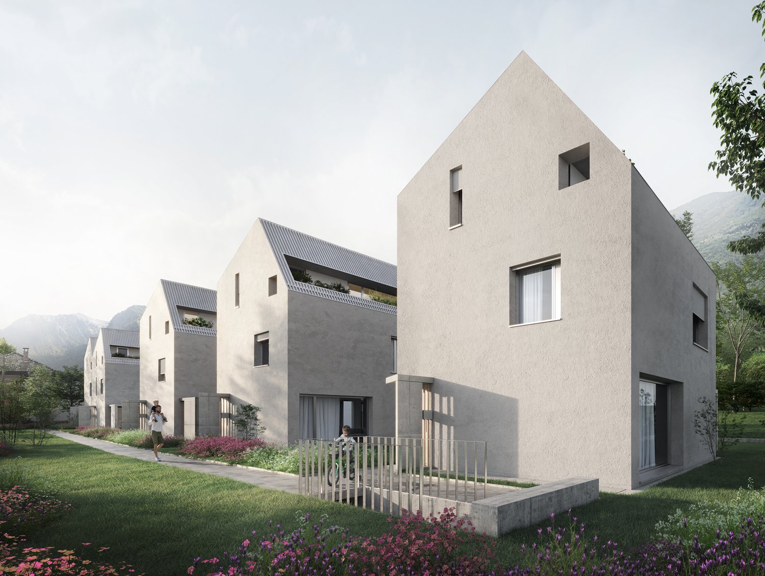 Modern architectural design, raised ground floor, terrace, multiple windows, walkway, bicycles, garden, mountains
