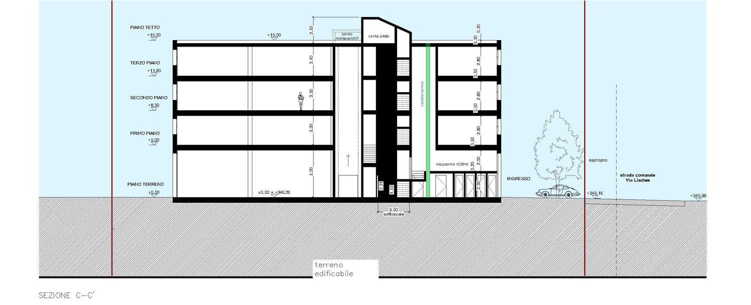 multi-storey building, raised ground floor, parking, terraces, garage