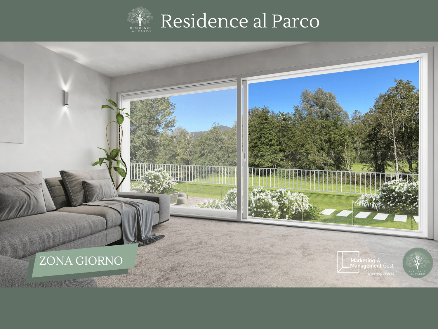 Modern living room with large windows leading to balcony, cozy couch, beige carpet, garden view