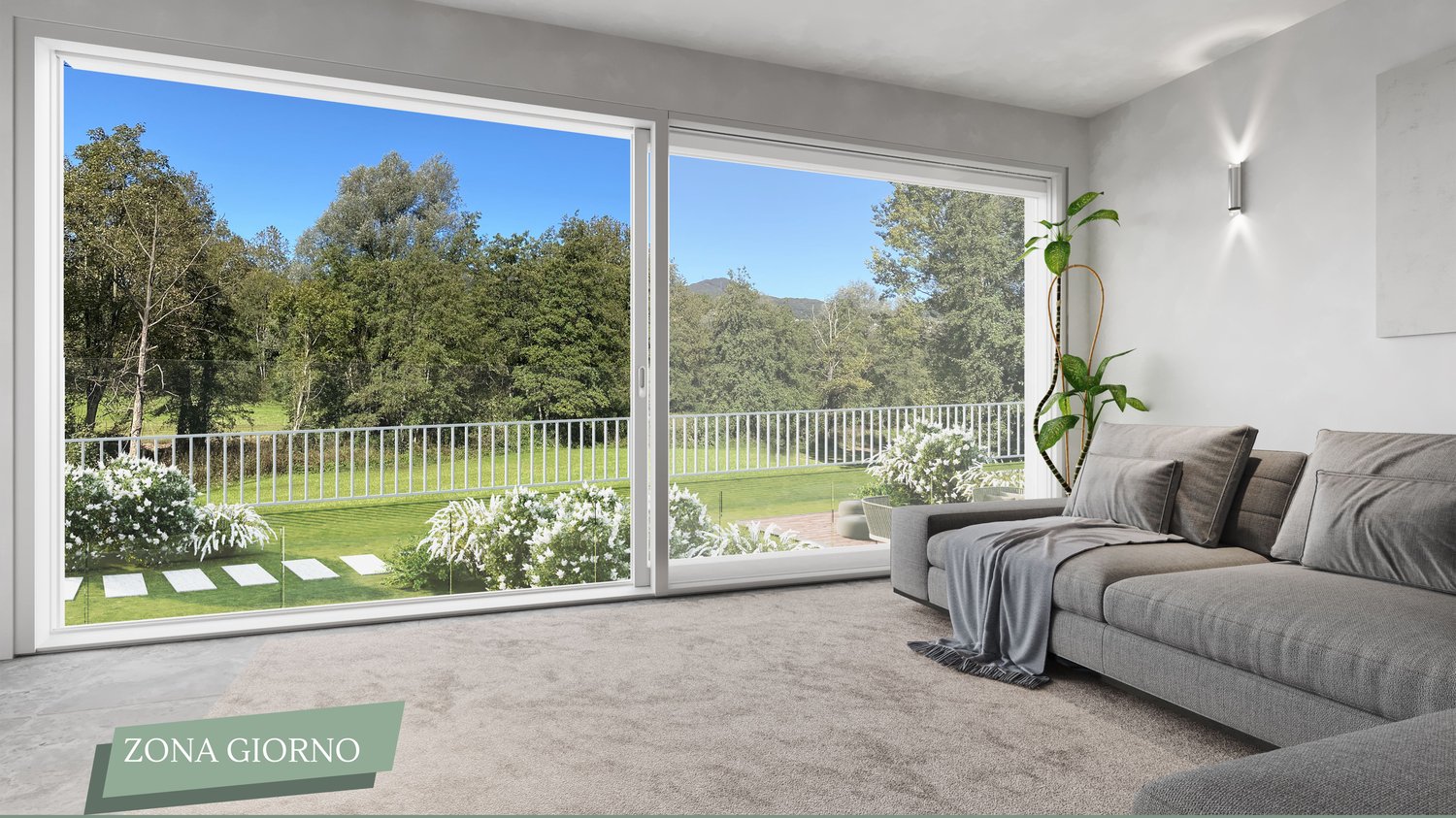 glass door, balcony, lawn, greenery, view of nature, carpeted floor