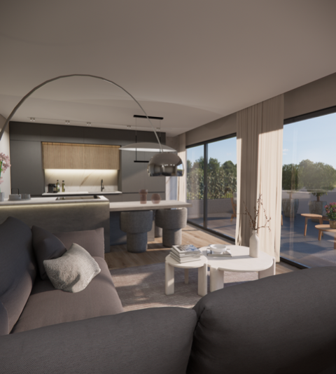 open-plan kitchen and living room with floor-to-ceiling windows, modern furniture, bright and airy atmosphere