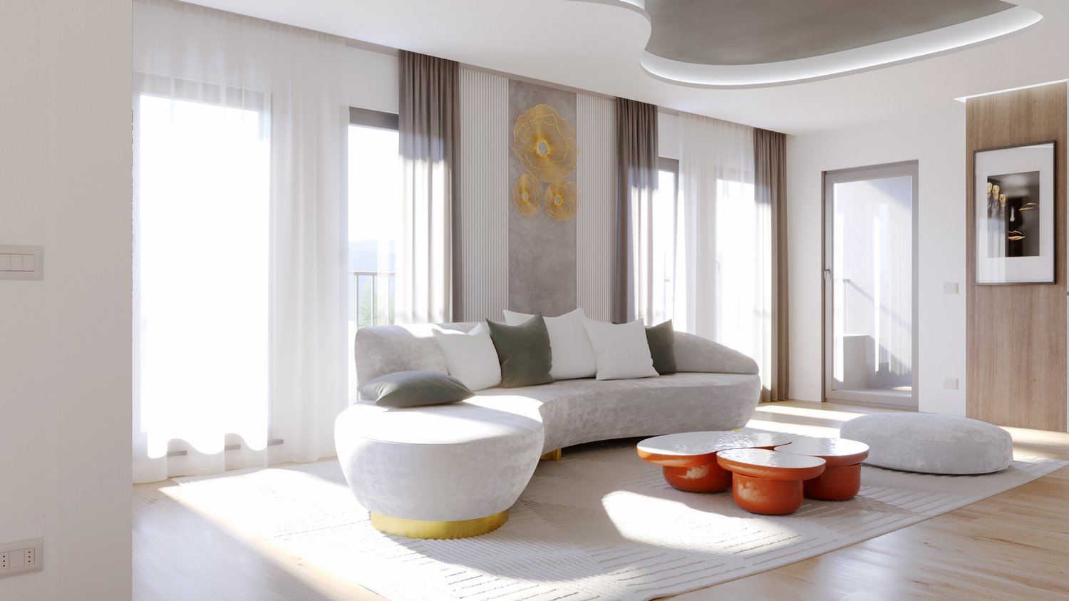 Spacious living room with large windows, grey sofa, orange accent chairs, and a decorative wall art piece. The room has a modern and minimalist design with neutral colors and natural lighting.