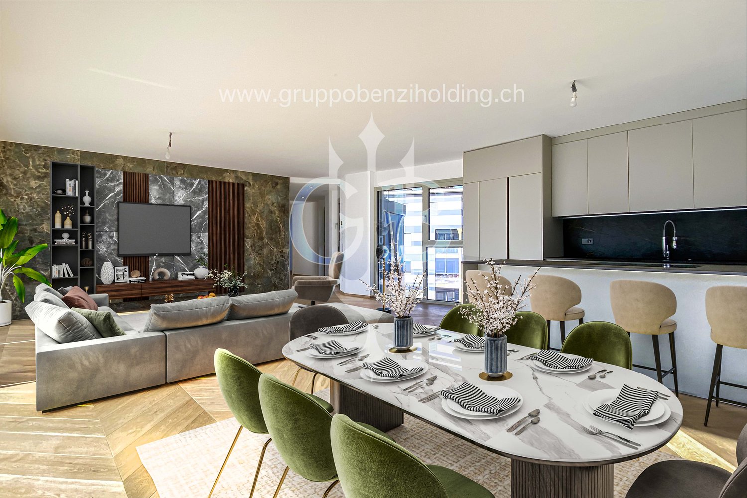 modern design, large windows, marbled wall, sofa, dining table, kitchen island