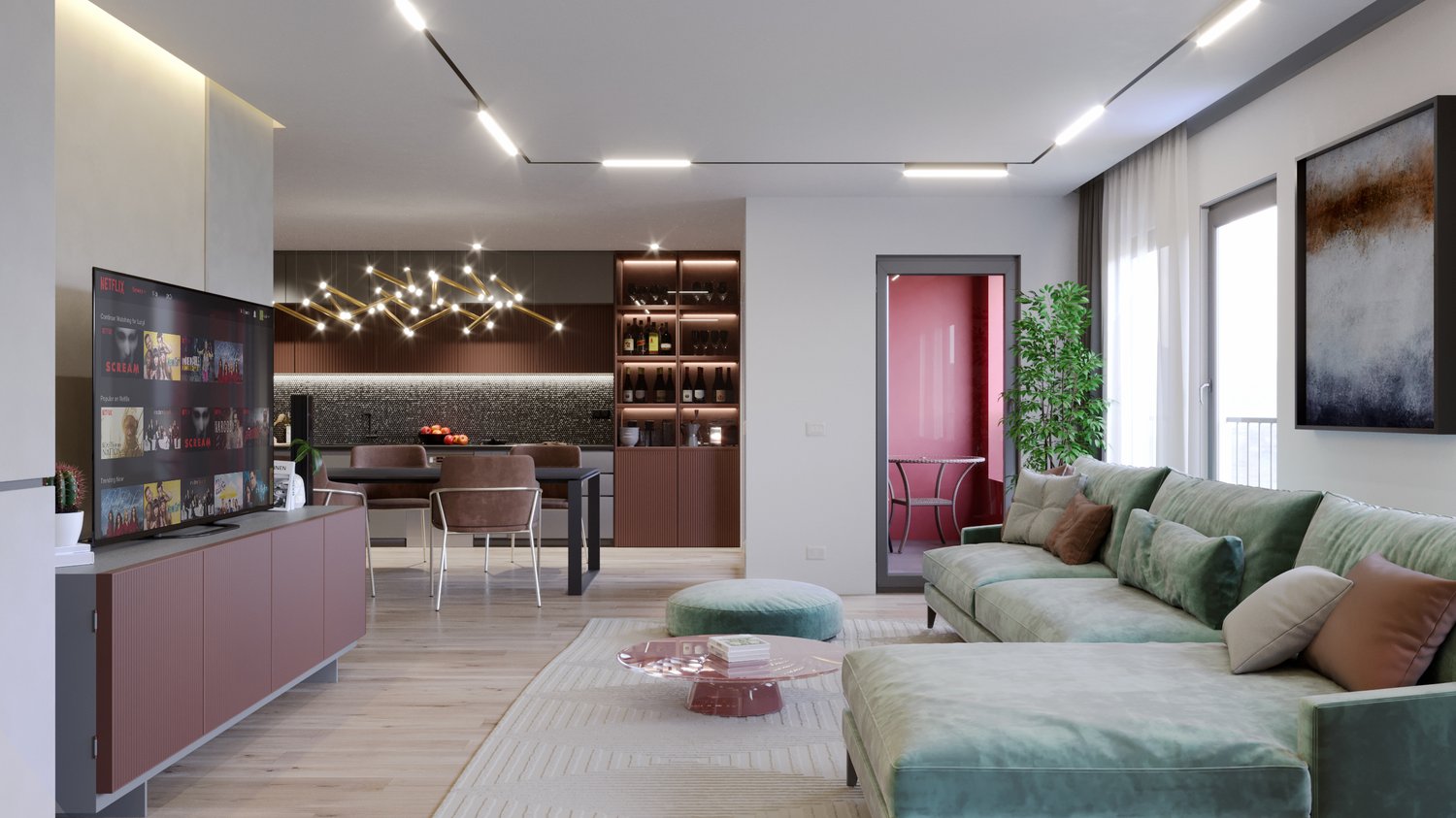 living room with green couch, large tv, dining area, cabinets, shelves, small table, chairs, lamp, plant