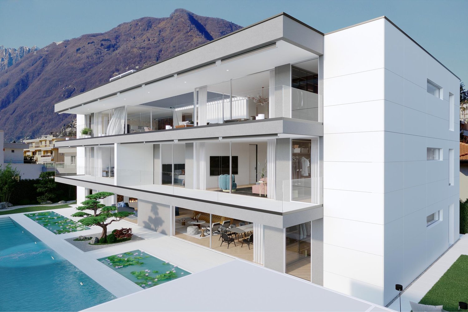 Modern, multi-story house with large windows, balconies, and a swimming pool in the foreground. The house has a sleek, minimalist design with clean lines and a white exterior. The surrounding landscape includes mountains in the background.
