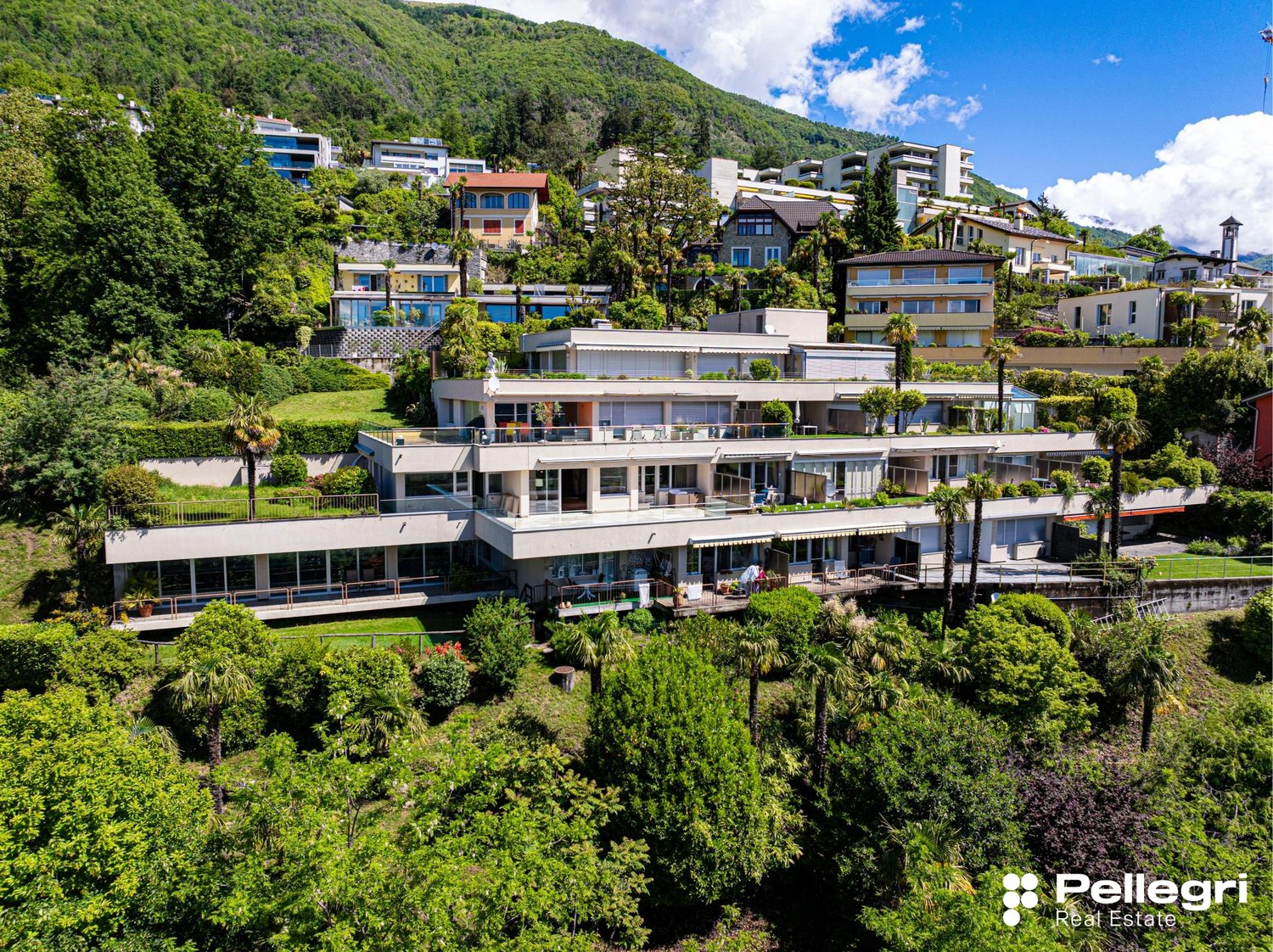 Multi-story apartment building surrounded by lush greenery and palm trees, with balconies and terraces overlooking the scenic mountain landscape