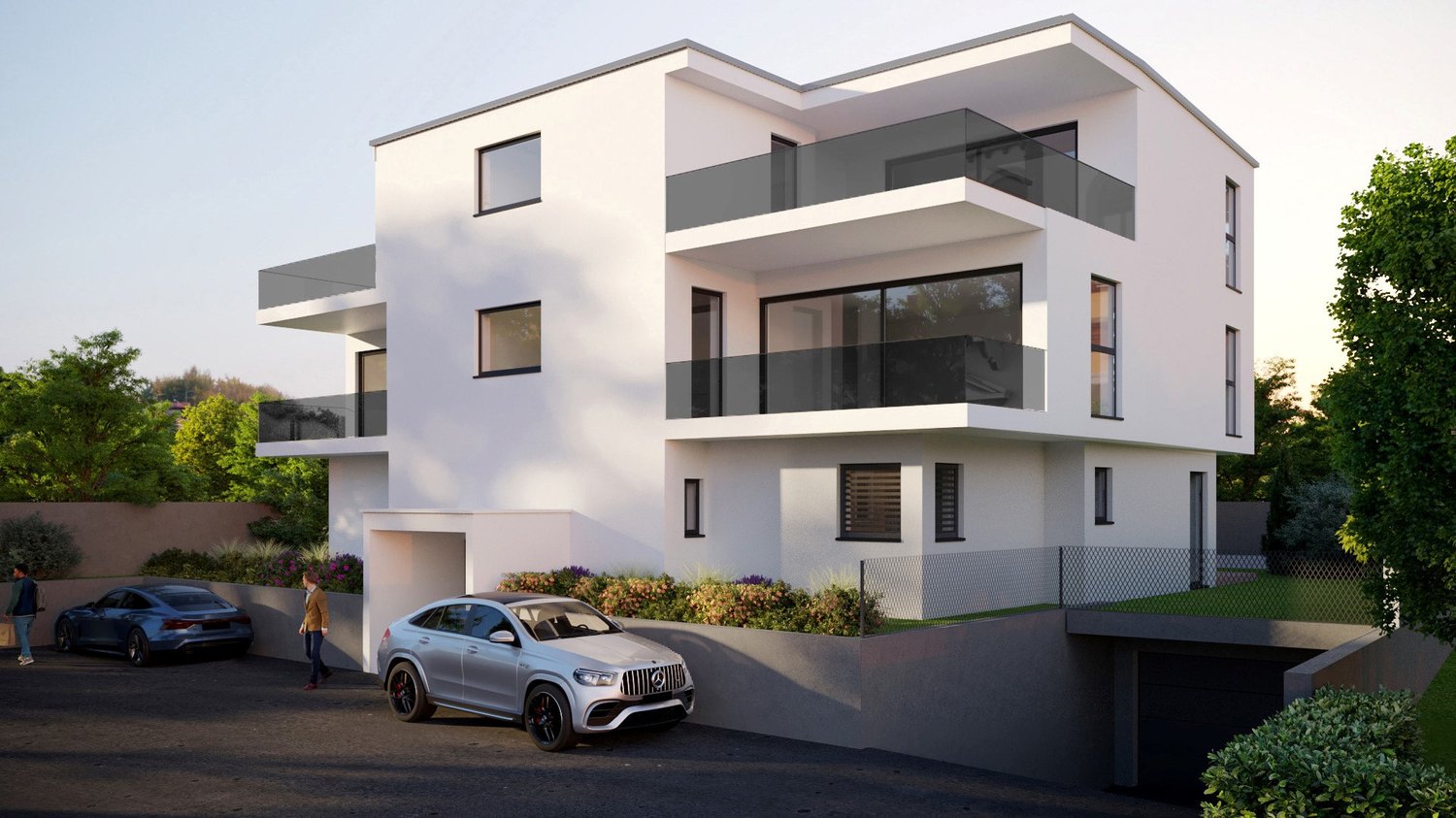 Modern white building, two floors, two balconies, garage, parking area