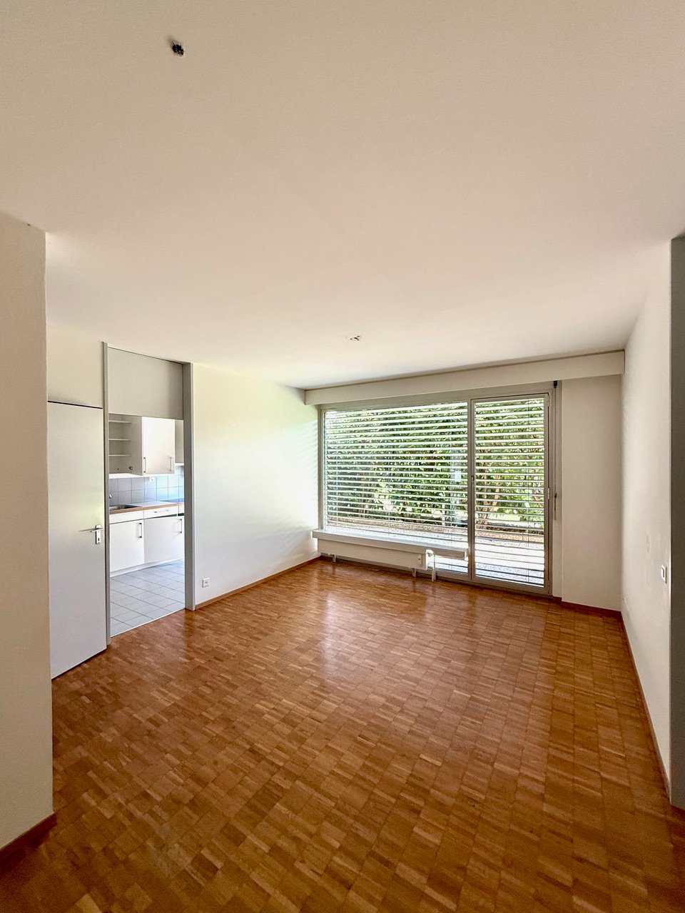 empty room, hardwood floor, white walls, sliding doors, kitchen access