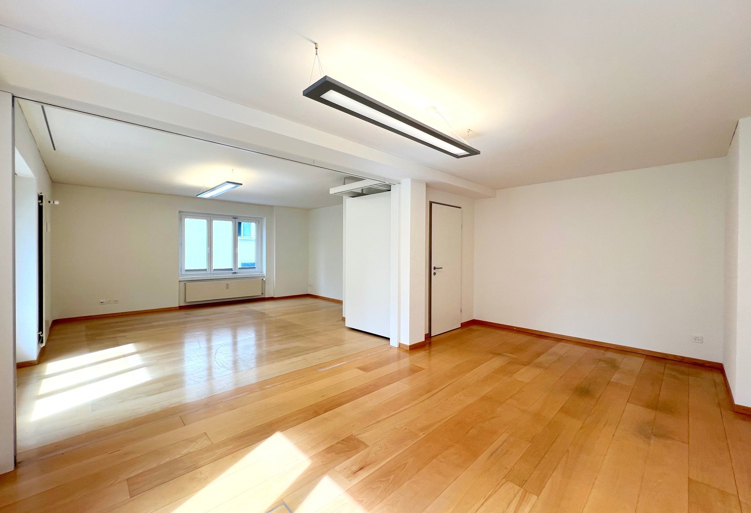 This image shows a spacious, open-plan room with hardwood floors and large windows. The room has a modern, minimalist design with a long, rectangular light fixture hanging from the ceiling. The walls are painted a neutral color, and there is a door visibl