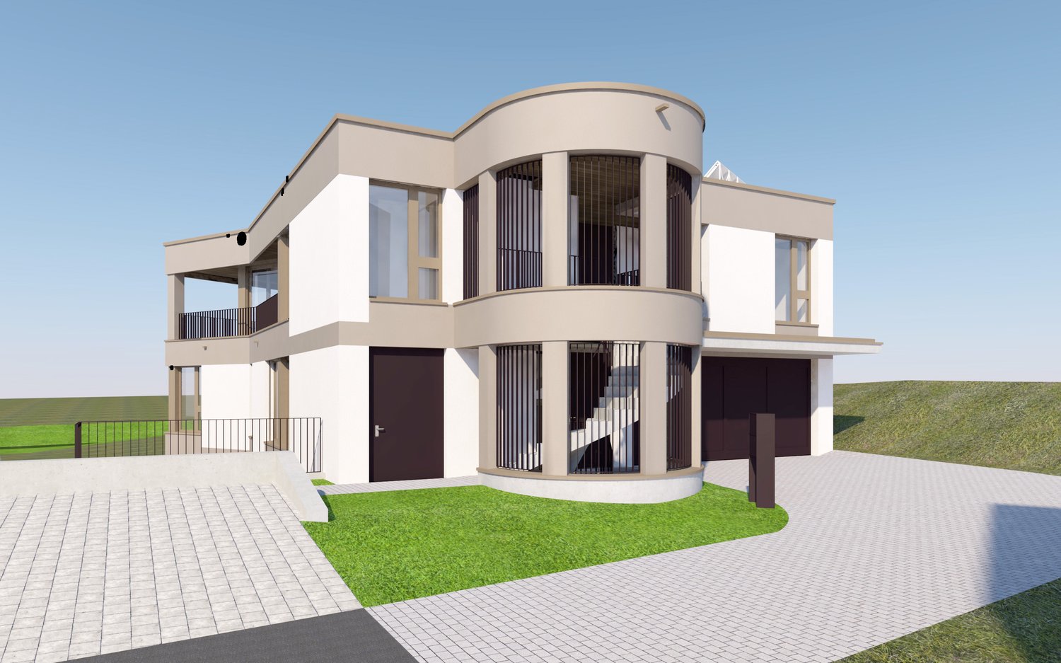 Modern house, white and beige color, circular design, two floors, two garages, driveway, fenced balcony