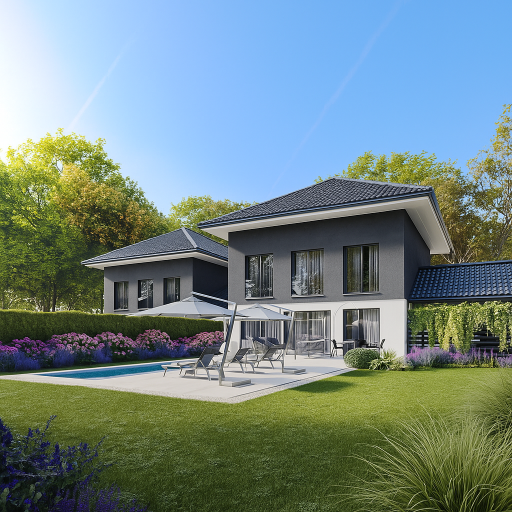 Detached house, modern design, two stories, large swimming pool, beautifully landscaped garden, two parking spots in front, paved backyard