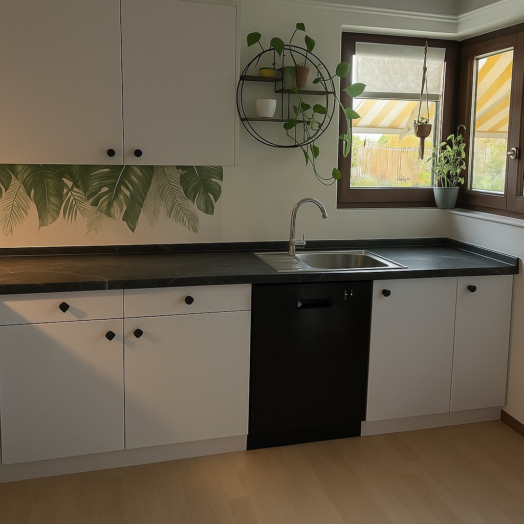 The kitchen has wooden floors, modern cabinets, granite countertop, stainless steel sink, and a dishwasher below the countertop.