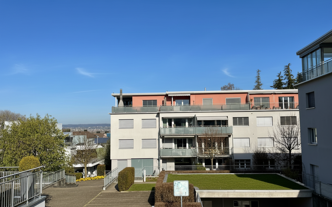 A residential building with several floors, each with balconies and windows, a green rooftop, and a paved parking area in front.