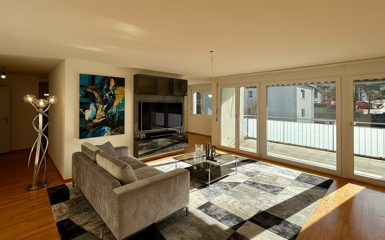 Living area with couch, coffee table, TV, floor lamp, painting, carpet, sliding doors, balcony