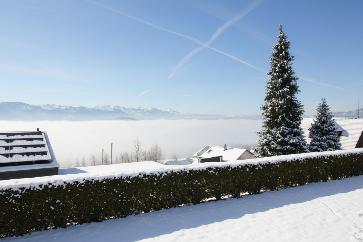 View of snow covered ground, hedge, houses, trees and mountains