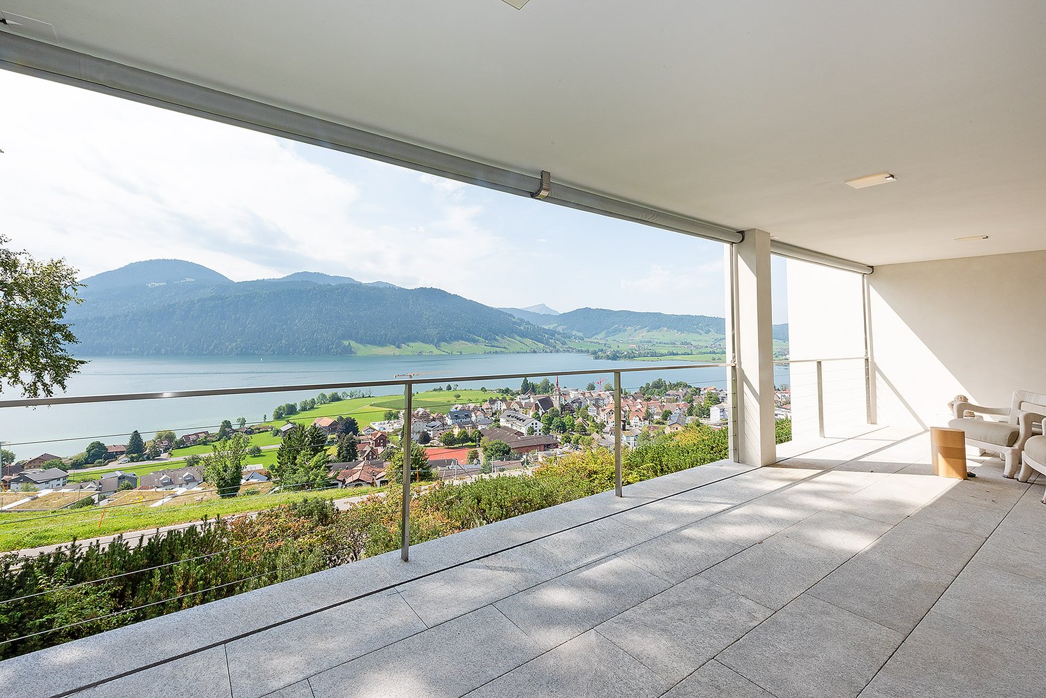 glass railing, tiled floor, mountain view, lake view, city view