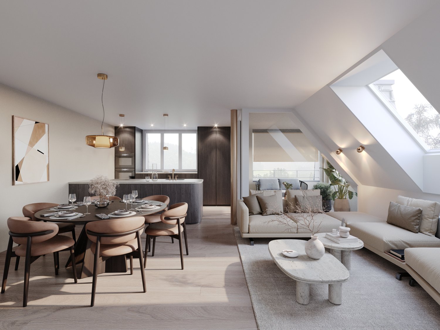 Modern interior with a dining table, chairs, a sofa, and a kitchen counter. There is a rug, a fireplace, a window, and a skylight in the living room.