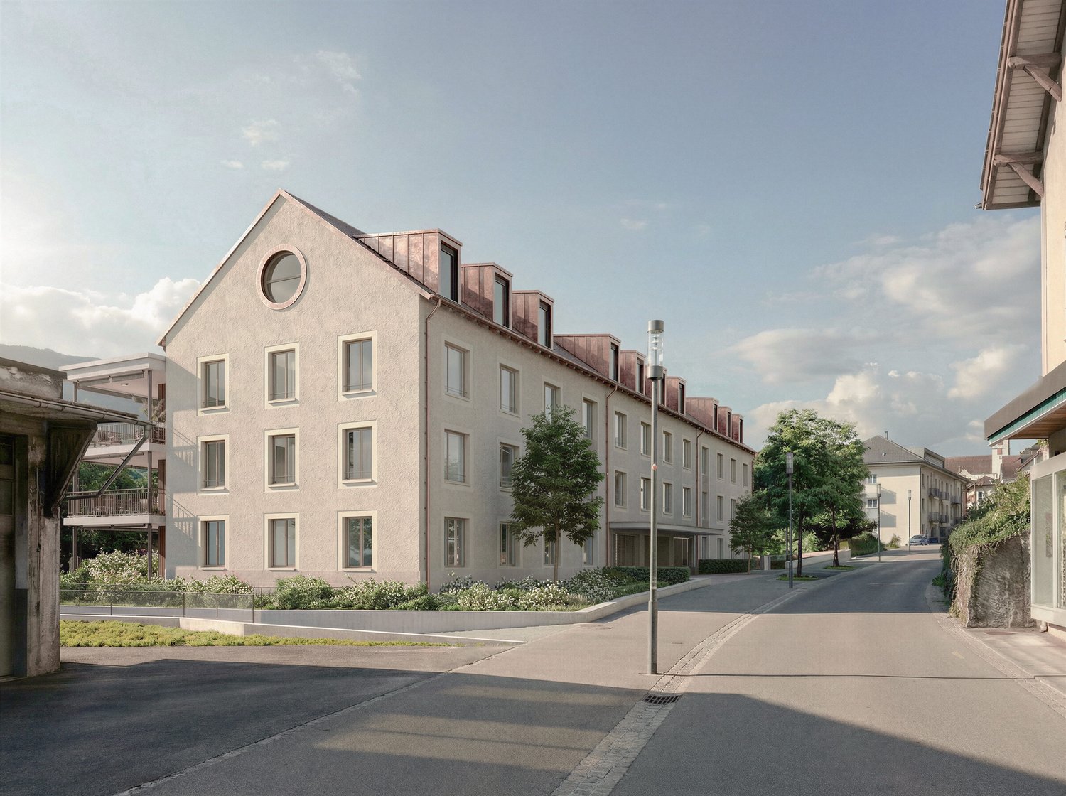 Apartment building, white exterior, brown roof, many windows, balcony on the first floor, streetlight, bushes, empty road