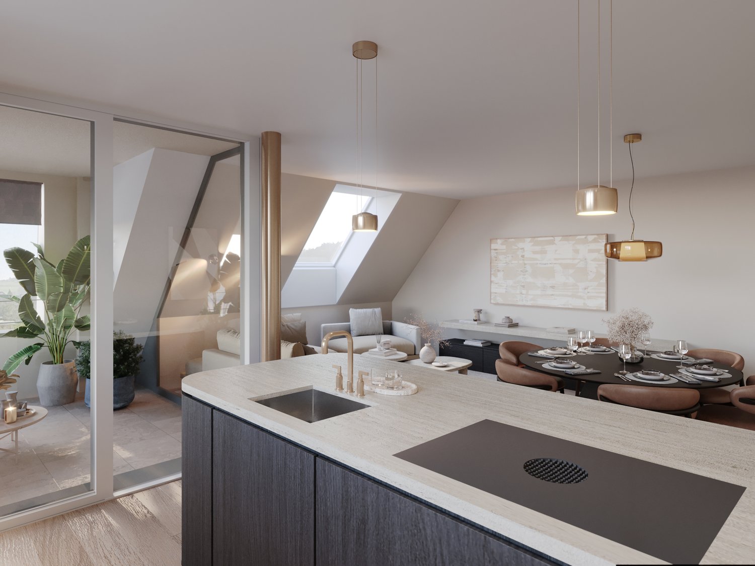 modern kitchen with island, dining area, living room with sofa, glass wall, plants, pendant lights, wooden floor