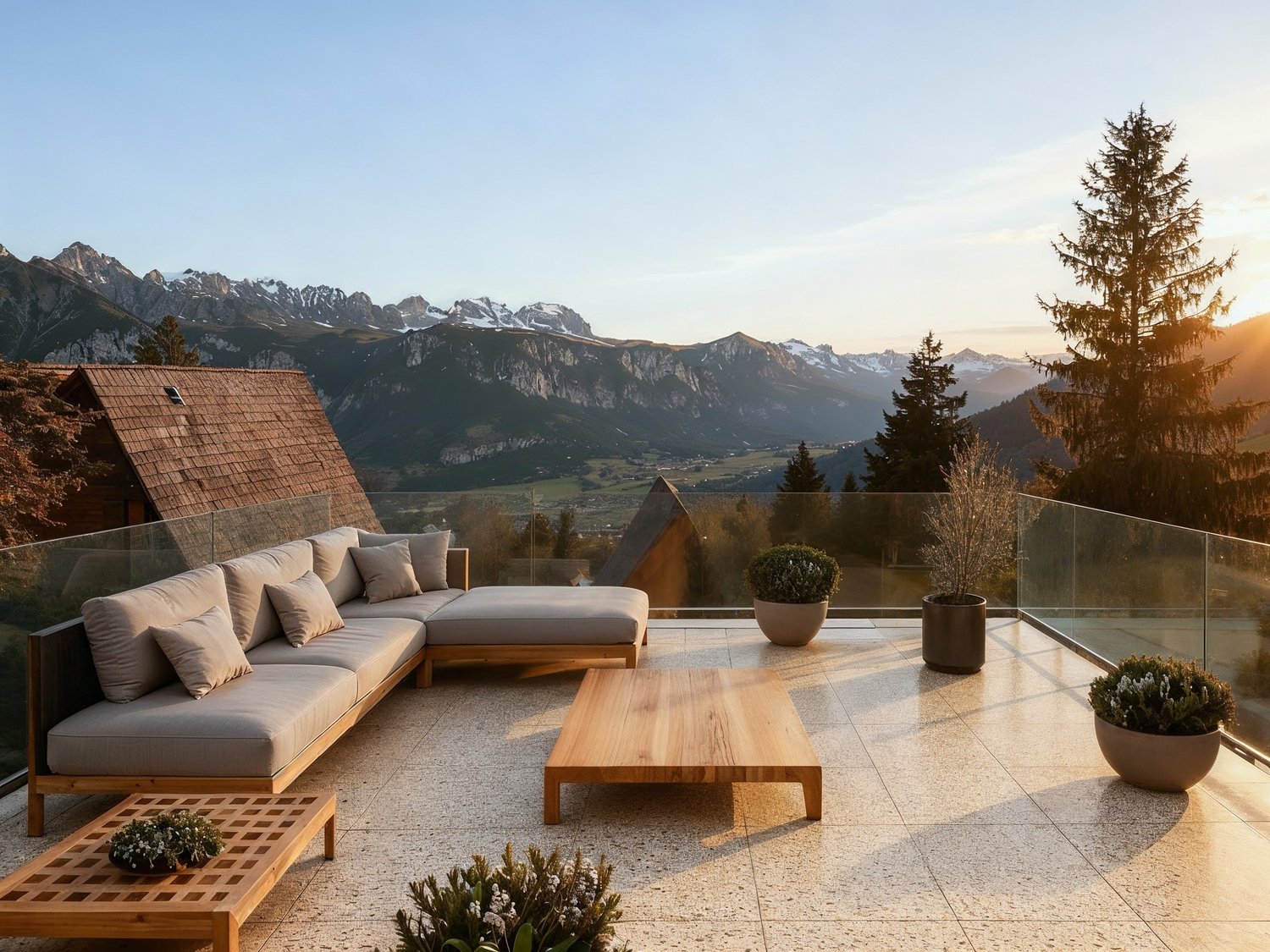 large sofa, wooden tables, glass railing, trees, plants, stunning view of mountains