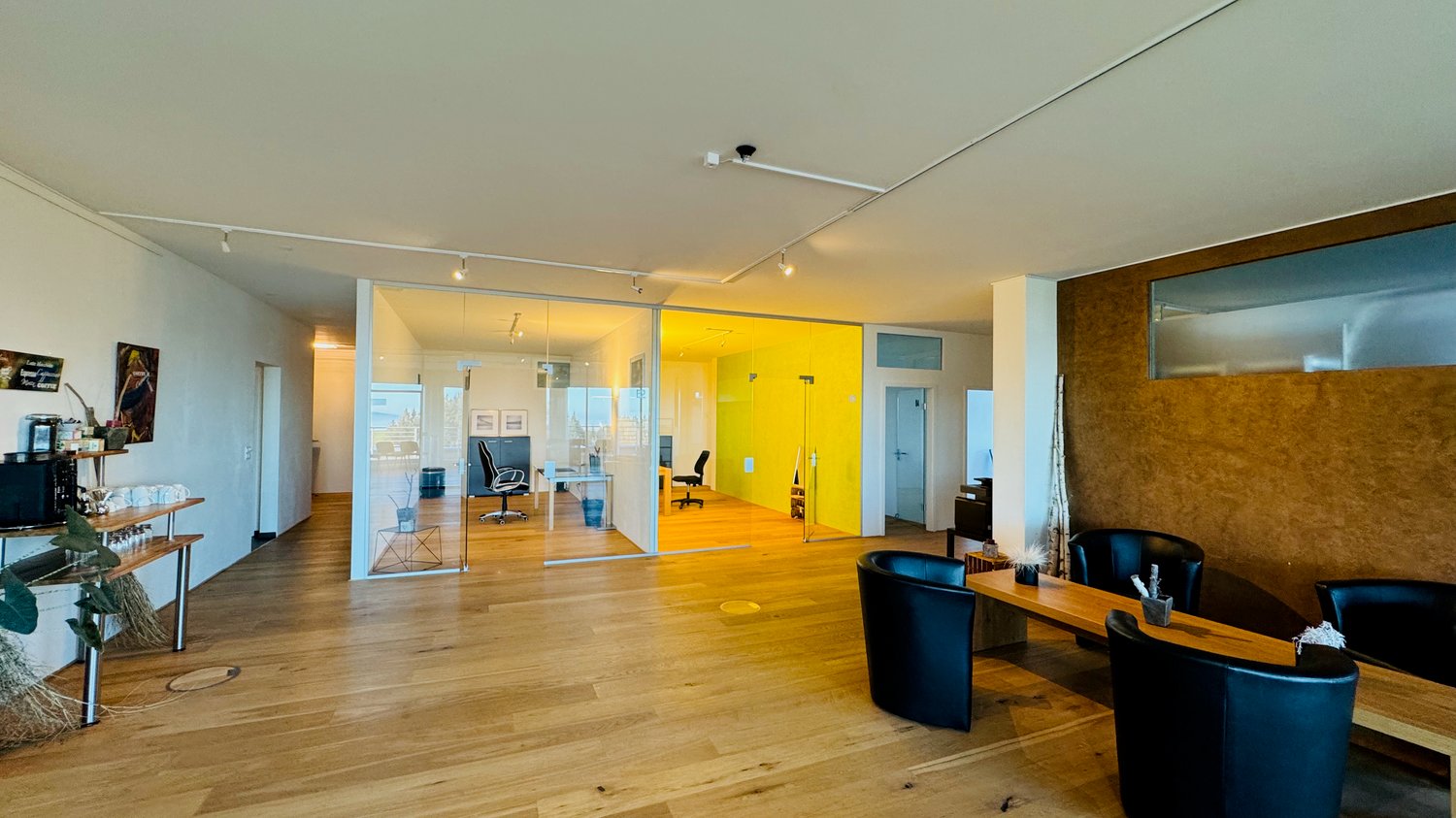 Empty office space with a glass wall, wooden floor, black office chairs, desk, brown wall, mounted picture frames, ceiling lamps.