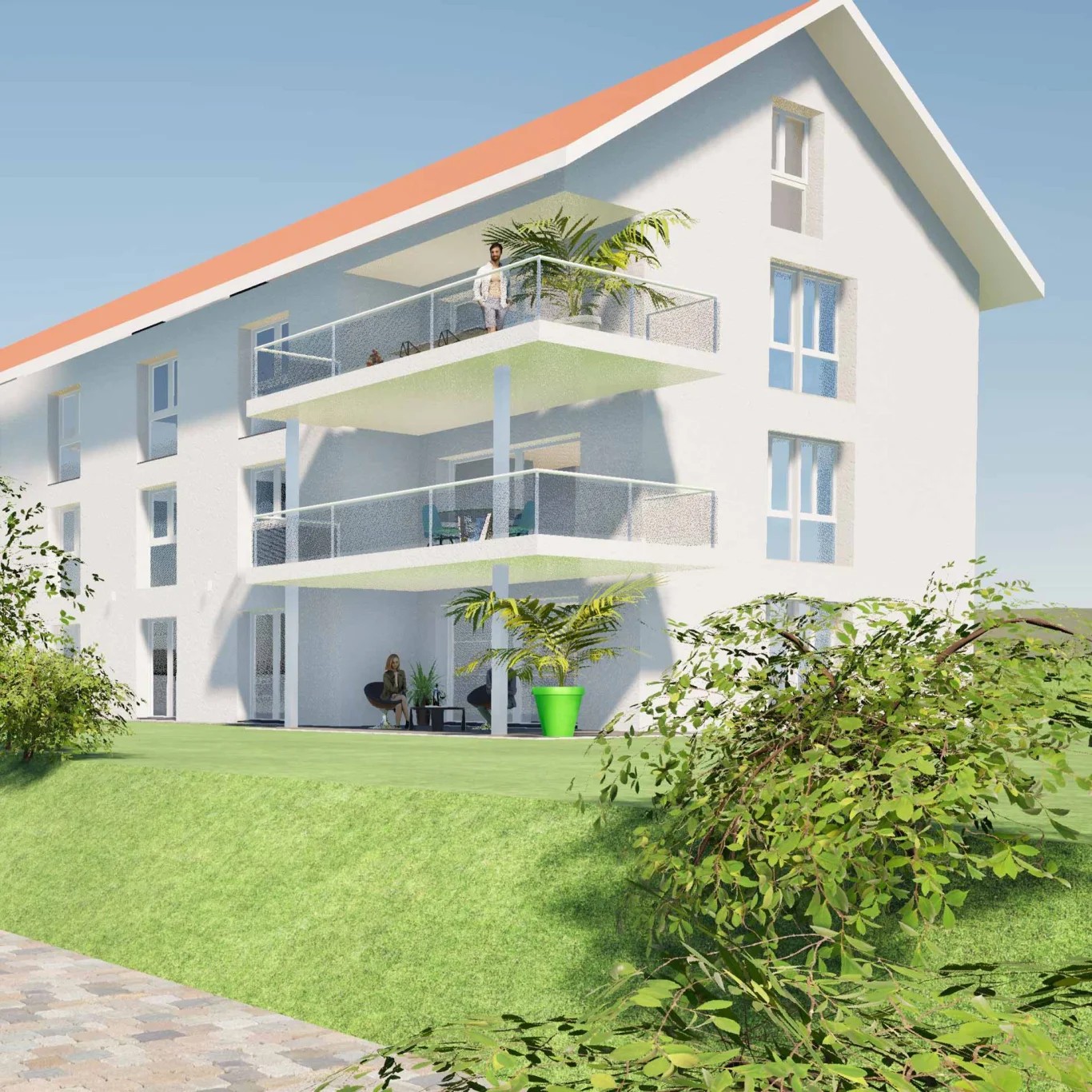 Two-story house, white, red roof, balconies, garden, greenery, brick paved walkway