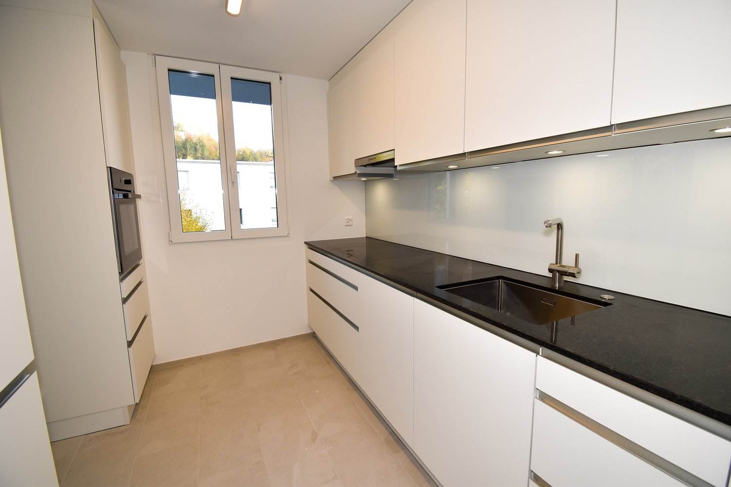 Modern kitchen with white cabinets, black granite countertops, stainless steel appliances including a dishwasher, and large windows providing natural light