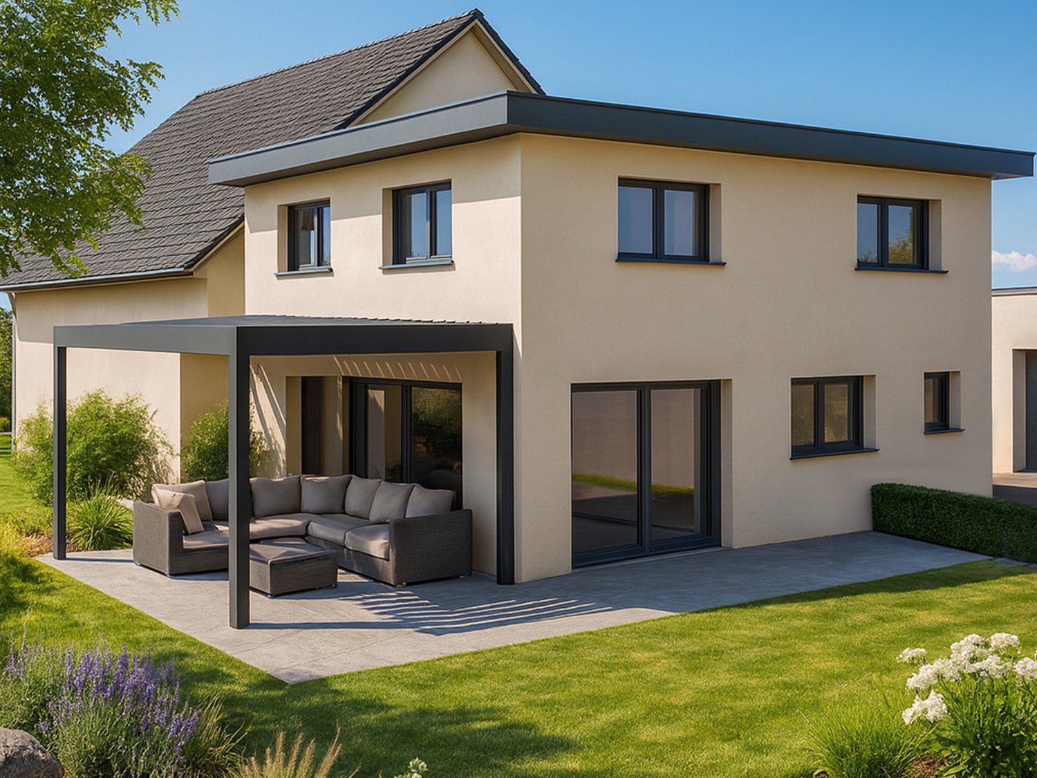 Two story house with beige walls, grey roof, covered outdoor seating area with a sofa, sliding glass doors