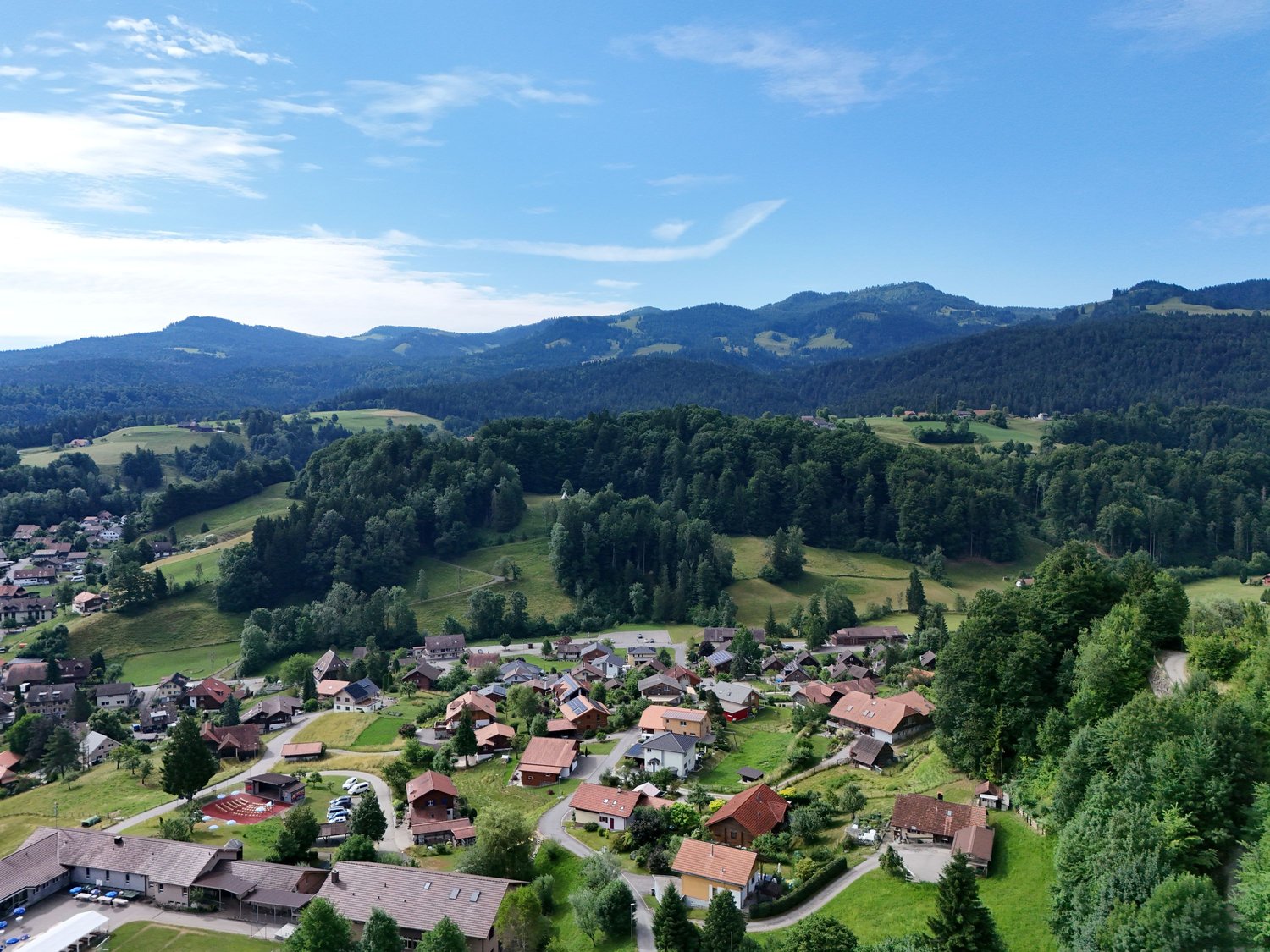 Cluster of houses in a green valley with mountains in the background
