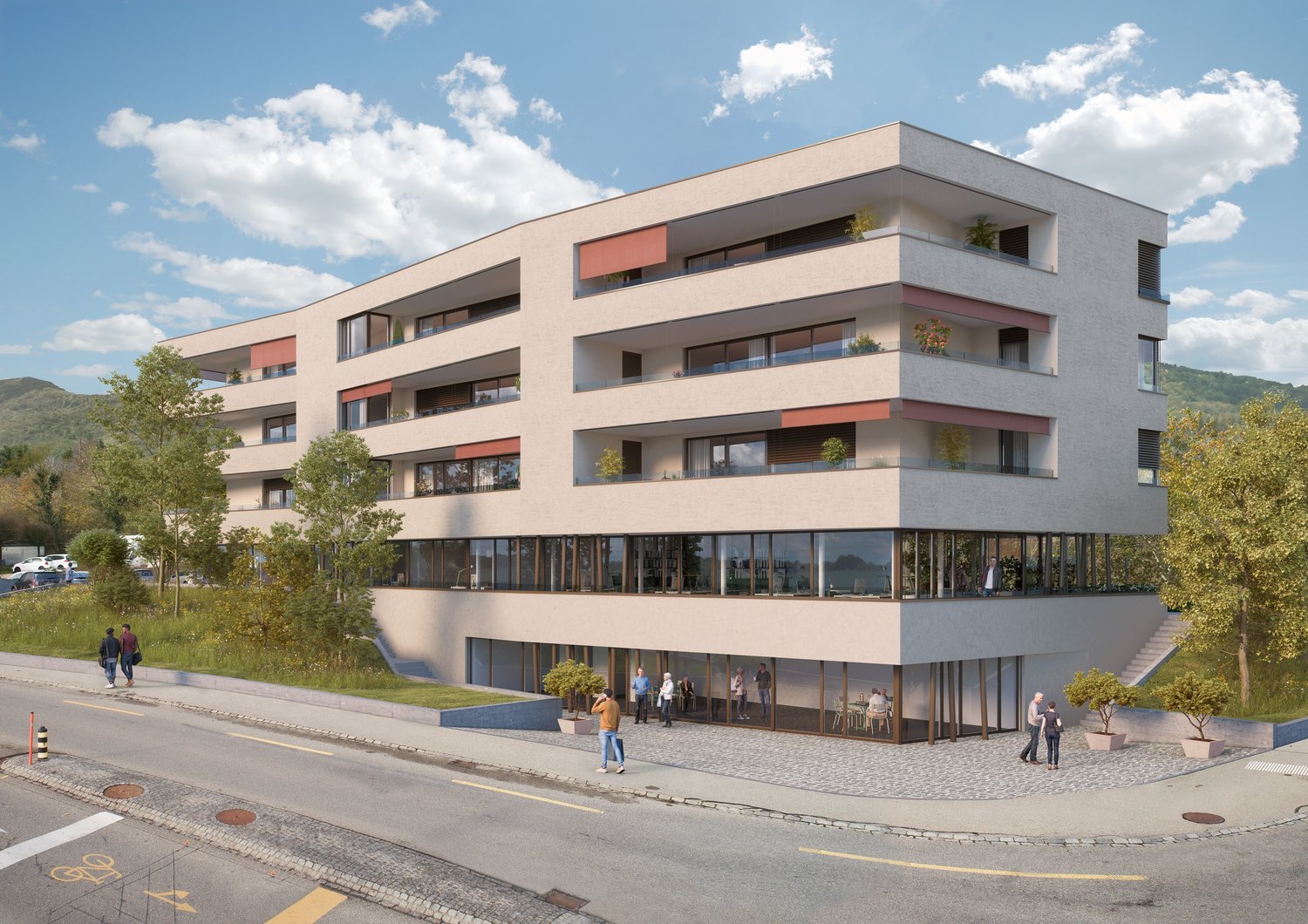 Modern multi-family house, beige exterior, large glass windows, several balconies, entrance on ground floor, surrounded by greenery and paved sidewalks